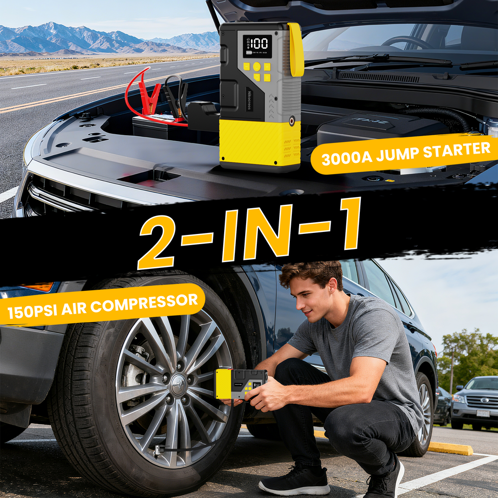 Portable Car Jump Starter with Air Compressor Tire Inflator Battery Jumper | Jump Box 3000A Peak and 150 PSI Air Pump ,for 12L Gas & 10L Diesel Engines,LCD Display,LED Light