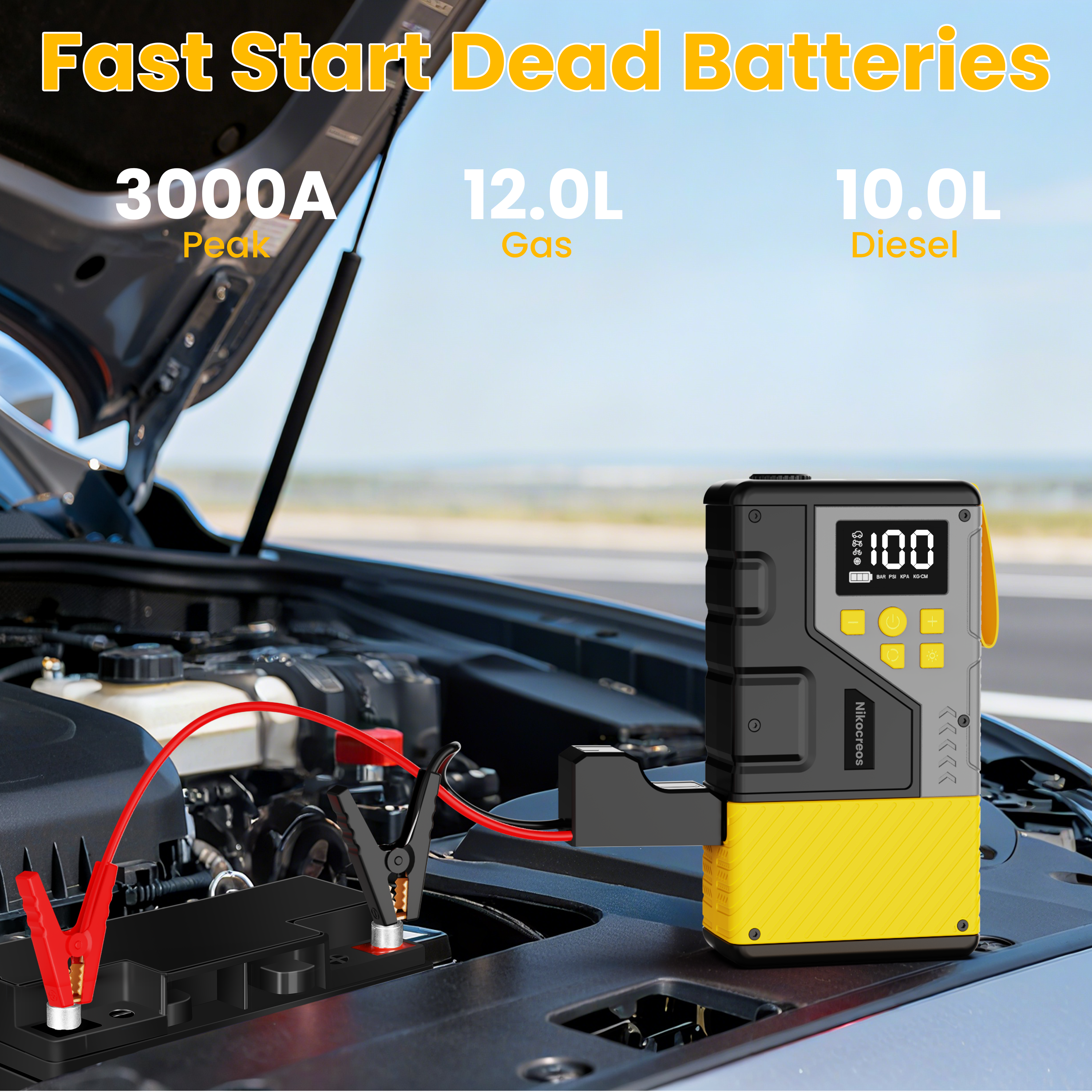 Portable Car Jump Starter with Air Compressor Tire Inflator Battery Jumper | Jump Box 3000A Peak and 150 PSI Air Pump ,for 12L Gas & 10L Diesel Engines,LCD Display,LED Light