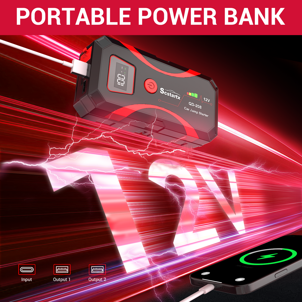 Car Battery Jump Starter, Portable Power Battery Pack 2000A Peak Jump Box for Motorcycle Up to 7L Gas & 4L Diesel 3 Modes Flashlight and Safety Jumper Clamps