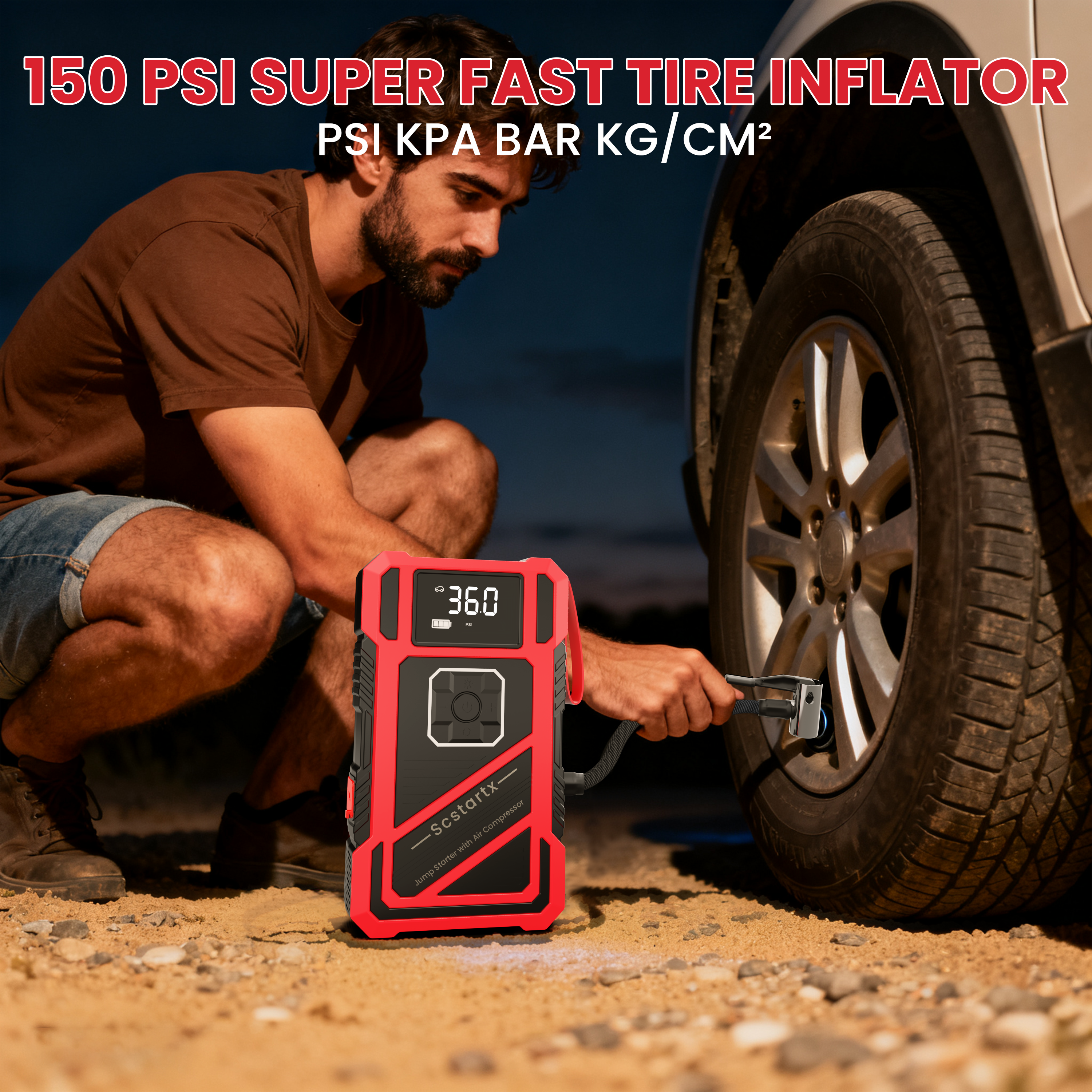 Scstartx 12V Car Jump Starter with Air Compressor 150 PSI Jump Box