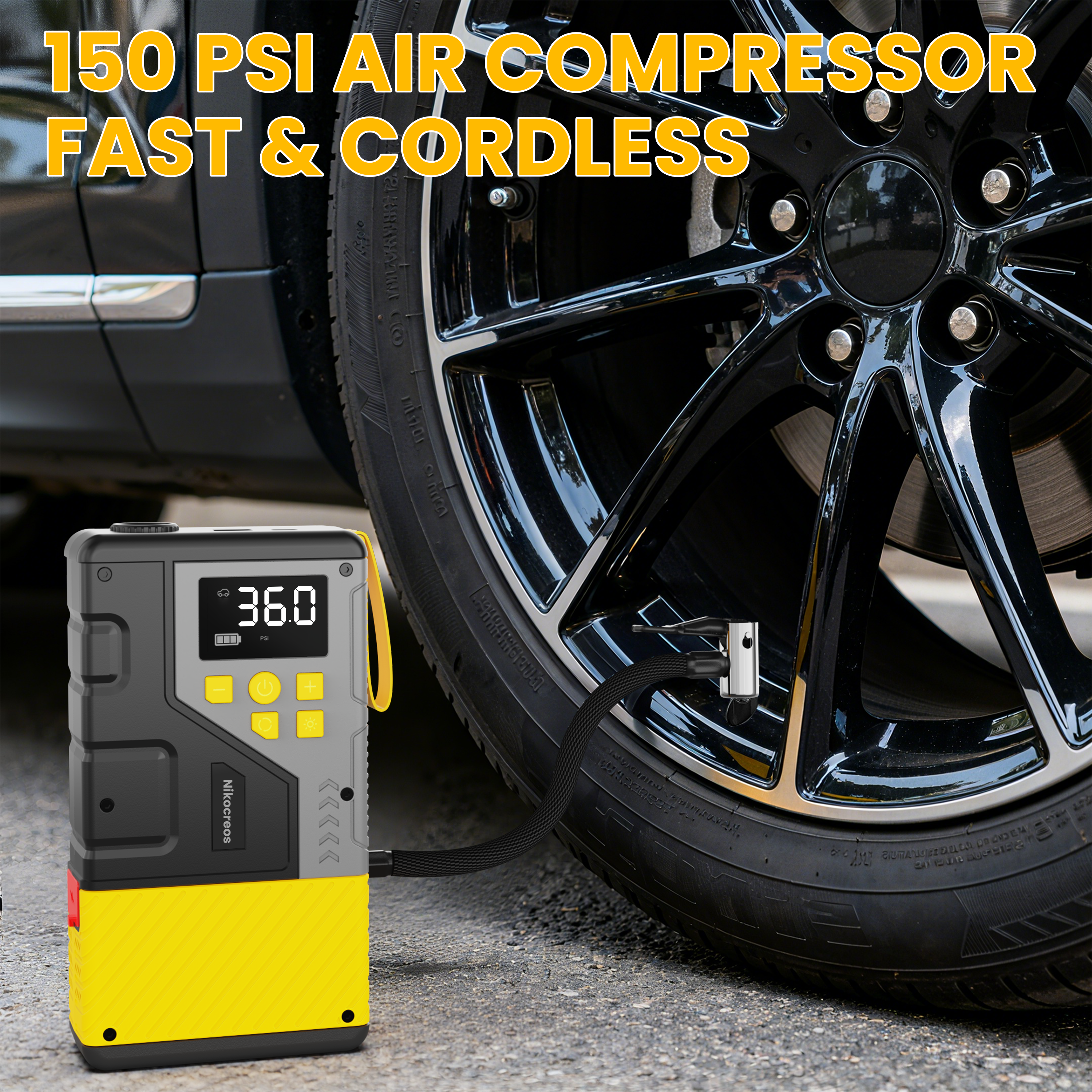 Portable Car Jump Starter with Air Compressor Tire Inflator Battery Jumper | Jump Box 3000A Peak and 150 PSI Air Pump ,for 12L Gas & 10L Diesel Engines,LCD Display,LED Light