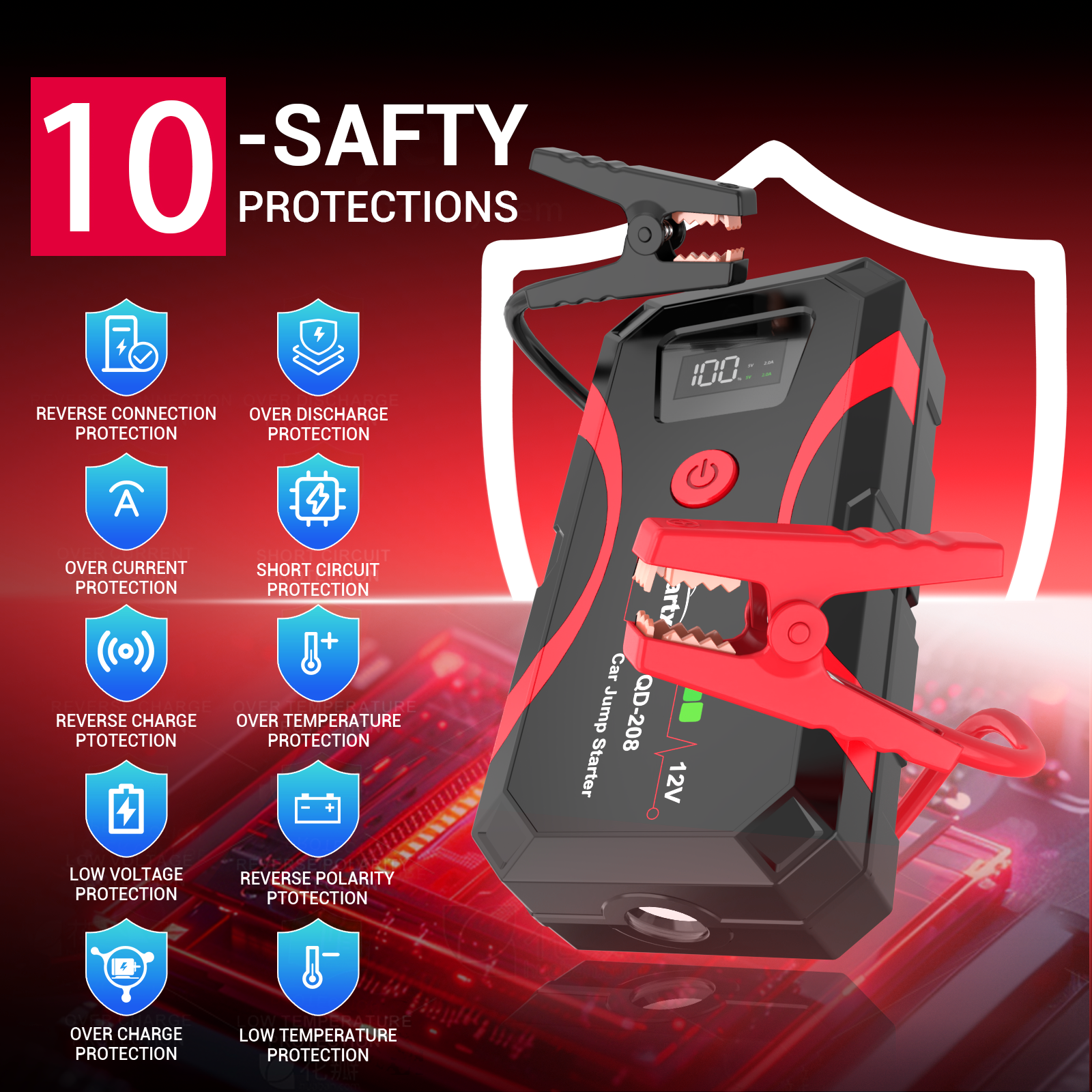 Car Battery Jump Starter, Portable Power Battery Pack 2000A Peak Jump Box for Motorcycle Up to 7L Gas & 4L Diesel 3 Modes Flashlight and Safety Jumper Clamps