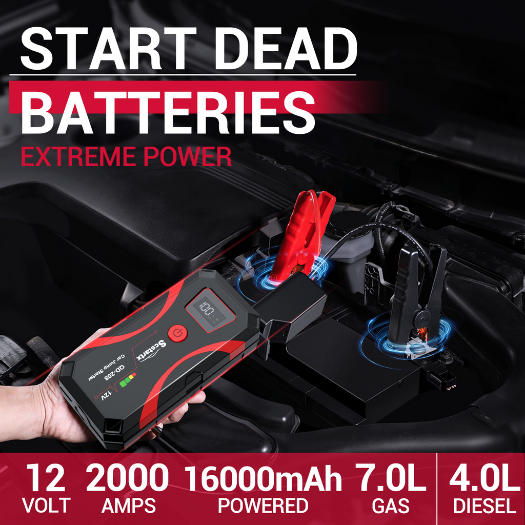 Car Battery Jump Starter, Portable Power Battery Pack 2000A Peak Jump Box for Motorcycle Up to 7L Gas & 4L Diesel 3 Modes Flashlight and Safety Jumper Clamps