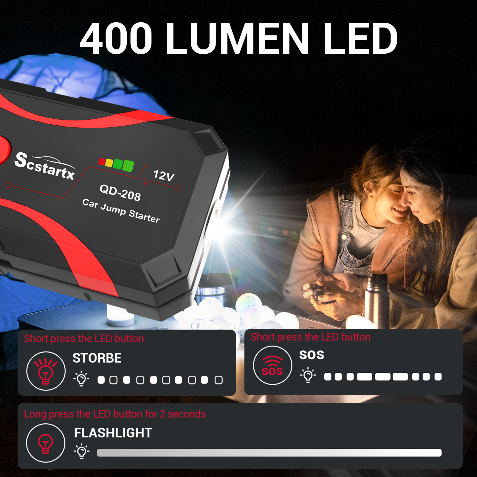 Car Battery Jump Starter, Portable Power Battery Pack 2000A Peak Jump Box for Motorcycle Up to 7L Gas & 4L Diesel 3 Modes Flashlight and Safety Jumper Clamps
