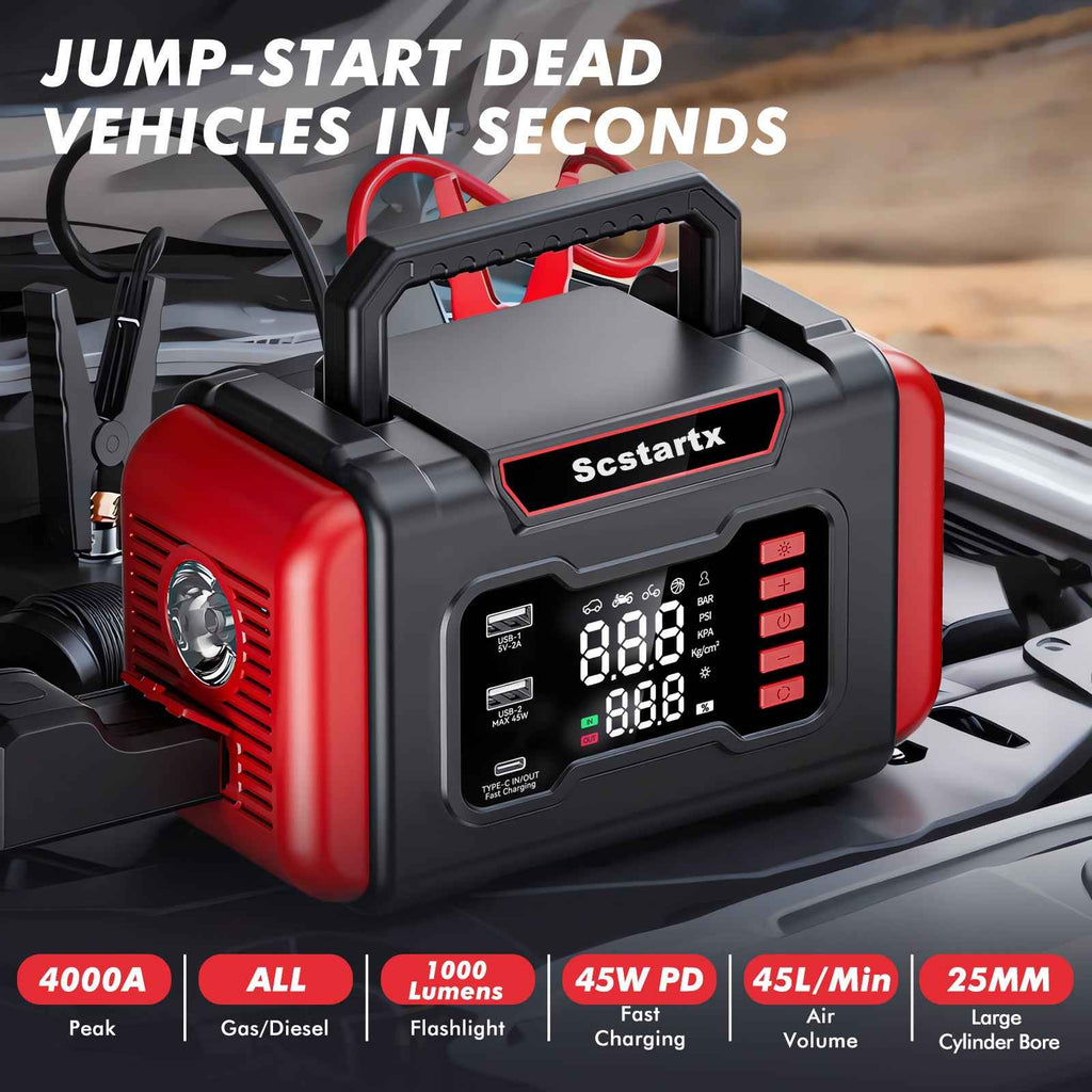 Scstartx Portable Car Jump Starter Air Compressor 150 PSI Tire Inflator for Auto
