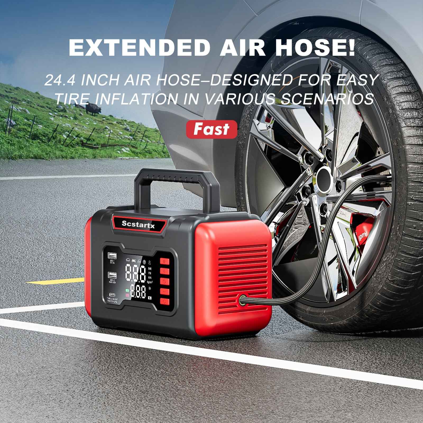 Scstartx Portable Car Jump Starter Air Compressor 150 PSI Tire Inflator for Auto